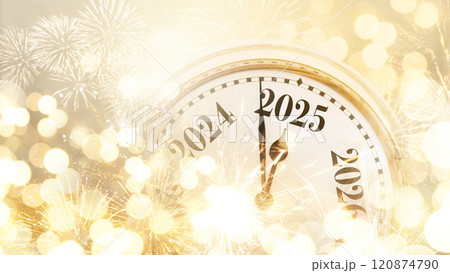 Vintage gold clock points to 2025 New Year on a golden bokeh background with sparks and fireworks, concept. New Year and Christmas card, creative idea. Celebration and party Vintage gold clock points to 2025 New Year on a golden bokeh background with sparks and fireworks, concept. New Year and Christmas card, creative idea. Celebration and party 120874790