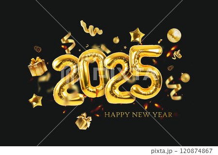 Gold balloons 2025 with confetti, gold mirrored balloon party, stars, gifts and golden snake on a black green background. Happy New Year 2025 creative. Golden Snake Gold balloons 2025 with confetti, gold mirrored balloon party, stars, gifts and golden snake on a black green background. Happy New Year 2025 creative. Golden Snake 120874867