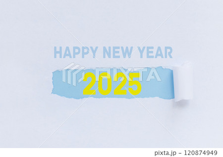 Happy New Year 2025, Creative Idea. White Paper with Torn Label and Year 2025 120874949