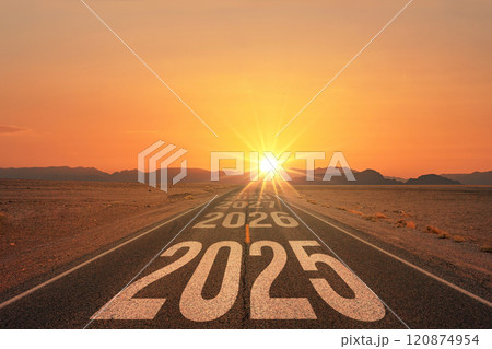 New year 2025 or straight forward concept. Text 2025 written on the road in the middle of asphalt road at sunset. Concept of planning, goal, challenge, new year resolution. 120874954