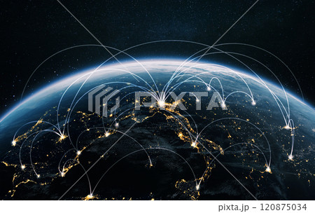 Night planet earth from space with light lines of communication and connection. Business and finance, concept.  Global communications system and the World Wide Web. Technologies and communications. 120875034