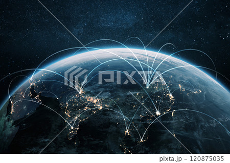 Night planet earth Asian countries with light lines of communication and connection. Business and finance, concept.  Global communications system and the World Wide Web. Technologies and communication 120875035