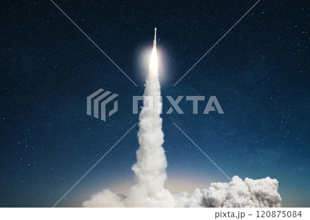 Spaceship takes off into the starry sky. Rocket starts into space. Concept. Launch successful. Taking off to the mars Spaceship takes off into the starry sky. Rocket starts into space. Concept. Launch successful. Taking off to the mars 120875084