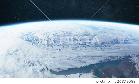 Amazing blue planet earth with ocean, clouds and continents in open space on the starry sky. 120875088