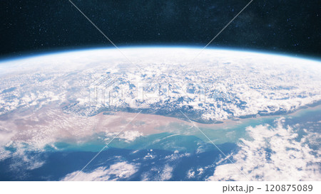 Beautiful blue planet earth with ocean, clouds and continents in open space on the starry sky. 120875089