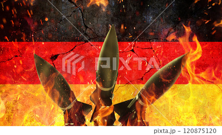 Rockets on fire against the backdrop of the Germany flag on a cracked concrete wall. War in Europe. Rockets weapons with fire on a black background, concept. War and death. World War 3. Nuclear War, 120875120