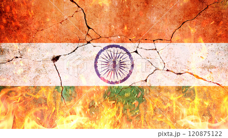 Indian flag on fire with flames and sparks on cracked concrete wall. Revolution in India, concept. Freedom and patriotism. Economic crisis, creative. Indian flag on fire with flames and sparks on cracked concrete wall. Revolution in India, concept. Freedom and patriotism. Economic crisis, creative. 120875122