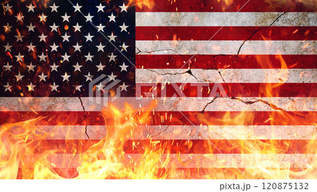 American flag on fire with flames and sparks on cracked concrete wall. Revolution, concept. Freedom and patriotism. Economic crisis, creative. American flag on fire with flames and sparks on cracked concrete wall. Revolution, concept. Freedom and patriotism. Economic crisis, creative. 120875132