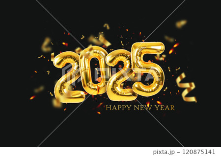 Golden balloons 2025 New Year with sparks and confetti hover on black background. Luxury Happy New Year 2025 card. Golden balloons 2025 New Year with sparks and confetti hover on black background. Luxury Happy New Year 2025 card. 120875141