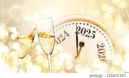 Vintage gold clock strikes New Year 2025 with glasses of champagne on a beige background with bokeh lights. New Year 2025 and Christmas card, creative idea. Start of the party and celebration holiday Vintage gold clock strikes New Year 2025 with glasses of champagne on a beige background with bokeh lights. New Year 2025 and Christmas card, creative idea. Start of the party and celebration holiday 120875157