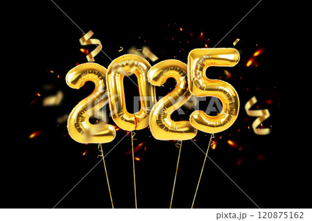 Golden balloons 2025 with golden ribbon with confetti flying on black background, concept. New Year, creative idea card Golden balloons 2025 with golden ribbon with confetti flying on black background, concept. New Year, creative idea card 120875162
