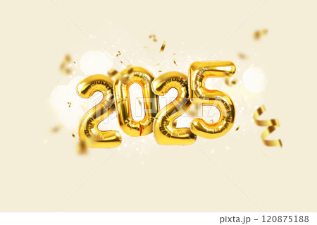 Golden festive balloons 2025 with confetti, sparkles and bokeh on beige background. Happy new year card, creative 120875188