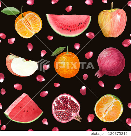 Apple, orange, watermelon and pomegranate seeds watercolor seamless pattern set on black background. Hand-painted art perfect for kitchen designs, prints, packages, wrapping paper, harvest theme decor 120875213