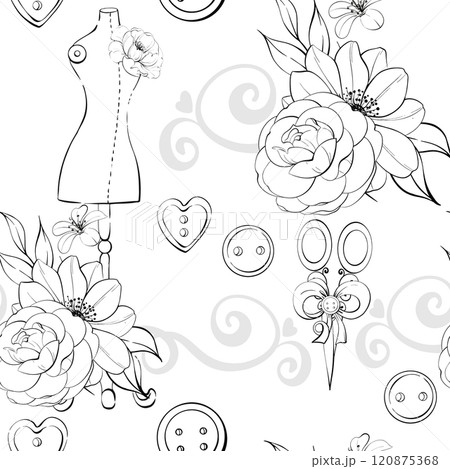 Vintage mannequin with flowers and Sewing tools - buttons, needles, scissors. Old fashion, dressmaker seamless pattern, background. Romantic and elegance sewing background and tailor for postcards Vintage mannequin with flowers and Sewing tools - buttons, needles, scissors. Old fashion, dressmaker seamless pattern, background. Romantic and elegance sewing background and tailor for postcards 120875368
