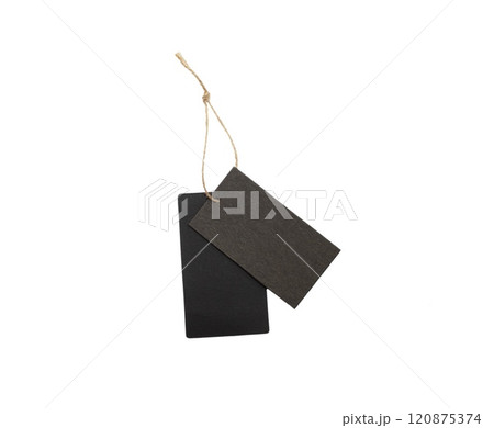 Black shopping tag with gold cord isolated on white background 120875374