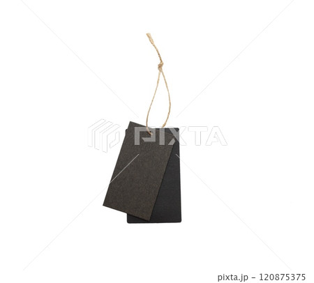 Black shopping tag with gold cord isolated on white background 120875375