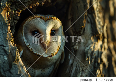 A Barn Owl peeks out from behind a tree trunk, its large, round eyes and heart-shaped facial disc captivating the viewer. Birds. Wildlife Animals. 120875556