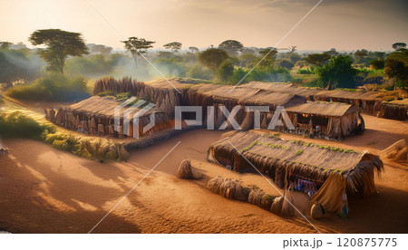 A group of homes are built out of straw and mud 120875775