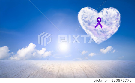 A heart with a purple ribbon is floating in the sky 120875776