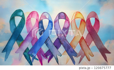 A painting of six ribbons with different colors 120875777