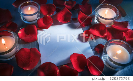 A table with candles and red rose petals 120875798