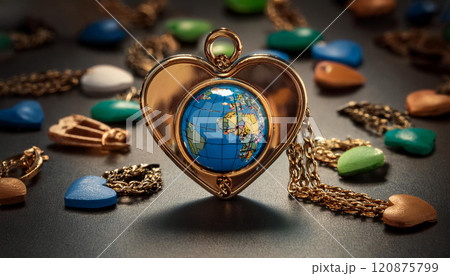 A heart shaped pendant with a globe on it sits on a table with many other heart 120875799