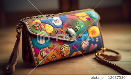 A colorful purse with a blue and green design 120875804