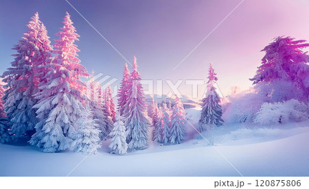 A snowy forest with pink trees 120875806