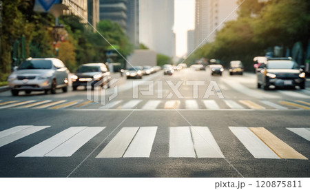 A busy city street with cars and a crosswalk 120875811