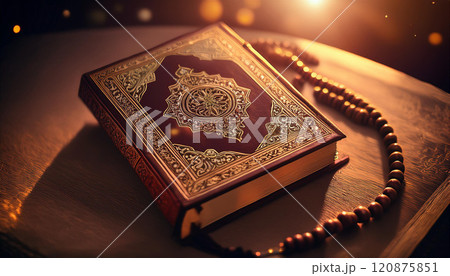 A book with a gold binding sits on a table with a string of beads 120875851