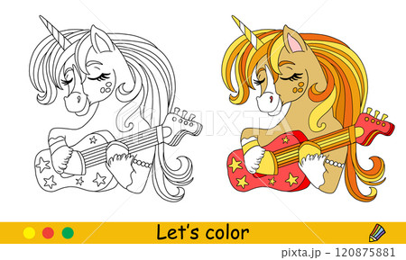 Kids coloring with color template unicorn plays the guitar Kids coloring with color template unicorn plays the guitar 120875881