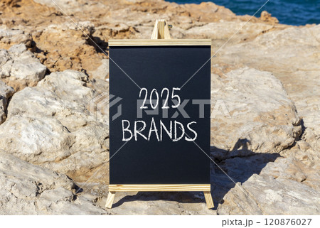 Planning 2025 brands new year symbol. Concept words 2025 Brands on beautiful yellow chalk blackboard. Beautiful stone beach blue sky background. Business 2025 brands new year concept. Copy space. 120876027