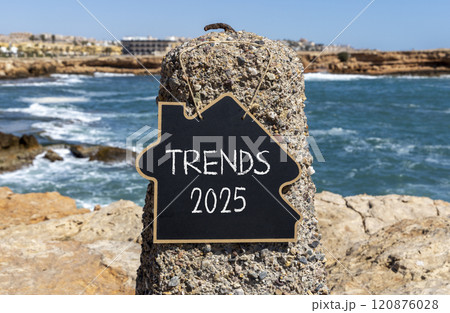 Planning trends 2025 new year symbol. Concept words Trends 2025 on beautiful yellow chalk blackboard. Beautiful stone beach blue sky sea background. Business trends 2025 new year concept. Copy space. 120876028
