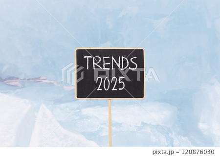Planning trends 2025 new year symbol. Concept words Trends 2025 on beautiful yellow chalk blackboard. Beautiful Baikal lake blue ice background. Business trends 2025 new year concept. Copy space. 120876030