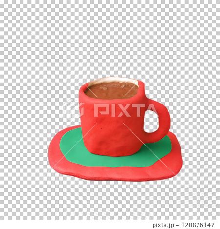 Cup with coffee or cocoa - Christmas clay element in naive childish style. Isolated raster plasticine toy. 120876147