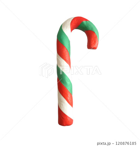Candy cane - Christmas clay element in naive childish style. Isolated raster plasticine toy. 120876185