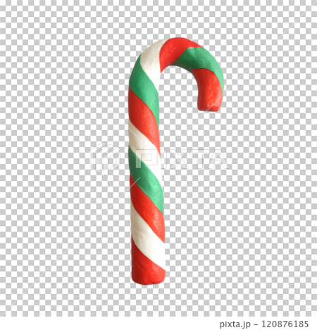 Candy cane - Christmas clay element in naive childish style. Isolated raster plasticine toy. 120876185