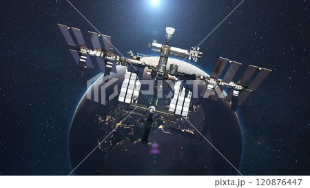 The ISS flies on the background of the blue planet Earth with the light of the sun. Space mission and space exploration 120876447