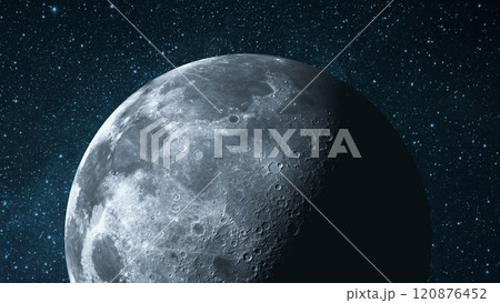 Moon with shadow in starry space. Moon surface with craters Moon with shadow in starry space. Moon surface with craters 120876452