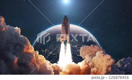Rocket lift off. Space shuttle with smoke and blast takes off into space on a background of blue planet earth with sunlight. Successful start of a space mission. Travel to Mars Rocket lift off. Space shuttle with smoke and blast takes off into space on a background of blue planet earth with sunlight. Successful start of a space mission. Travel to Mars 120876458