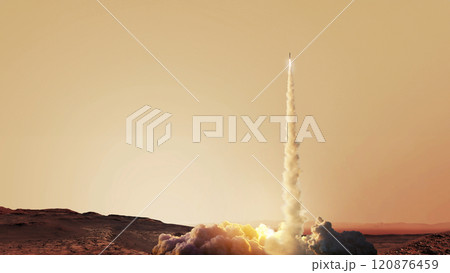 Spaceship rocket takes off with smoke and blast on the red planet Mars. Mars space mission, creative idea. Successful rocket launch to Mars 120876459