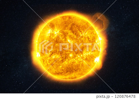 Bright sun burns with plasma and flares in space. Solar flare plaza and magnetic storms, concept Bright sun burns with plasma and flares in space. Solar flare plaza and magnetic storms, concept 120876478