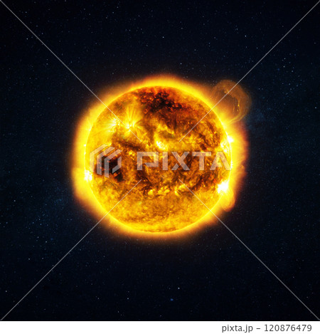 Amazing burning sun with plasma and flares in space. Magnetic storms and solar flares Amazing burning sun with plasma and flares in space. Magnetic storms and solar flares 120876479