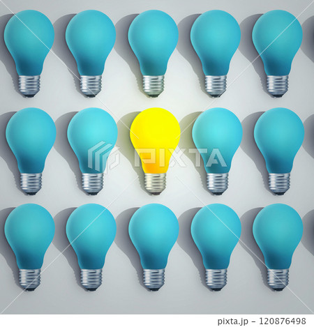 Extinct light bulbs and one glowing light bulb, top view. Think different, creative idea. Not like everyone else, concept 120876498