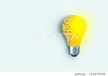 Creative brain light bulb shining on bright blue background, concept. Think differently, creative idea. Brainstorm. Creative thinking 120876508