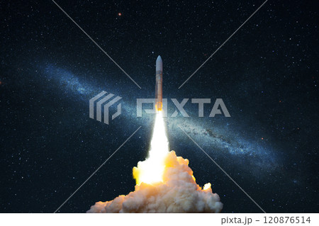 Spacecraft flies up into the starry sky. Rocket with smoke flies into space. Space Shuttle Spacecraft flies up into the starry sky. Rocket with smoke flies into space. Space Shuttle 120876514