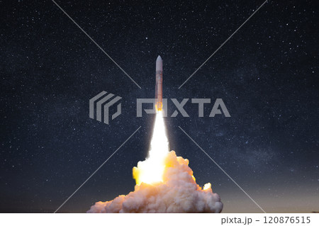 Rocket launch, ship. concept of business product on a market. Spaceship takes off into the starry sky with smoke and blast 120876515