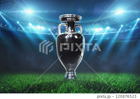 Football field with soccer cup with floodlights. Football championship final, creative idea. Tournament and World Championship. Euro 2024 120876523