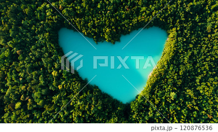 Beautiful heart lake in a green dense forest, bird's eye view. Love for nature, concept. Travel, creative idea. 120876536