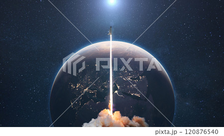 Space shuttle rocket takes off with blast and smoke in space with planet earth and sun. Start of space mission rocket launch Space shuttle rocket takes off with blast and smoke in space with planet earth and sun. Start of space mission rocket launch 120876540